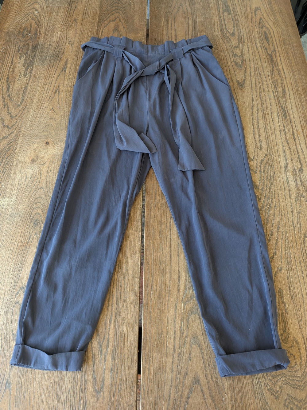 Lush Women's Blue Grey Cuffed Pants With Tie Waistband Size Medium Side Zip Clos